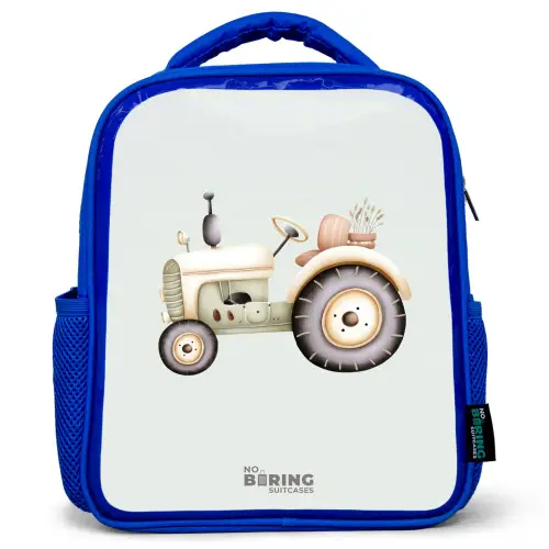 Beige vintage tractor in pastel groene kleuren Kinderrugzak - Blauw middel -3d