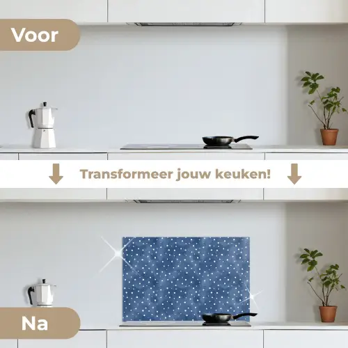 Frans - Citroen -  Stippen - Wit - Blauw keuken achterwand spatscherm klein 900 -voor_na_NL