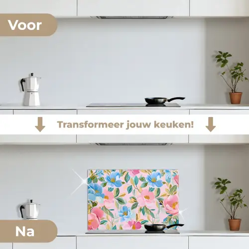 Blauw - Roze - Bloemen keuken achterwand spatscherm klein -voor_na_NL