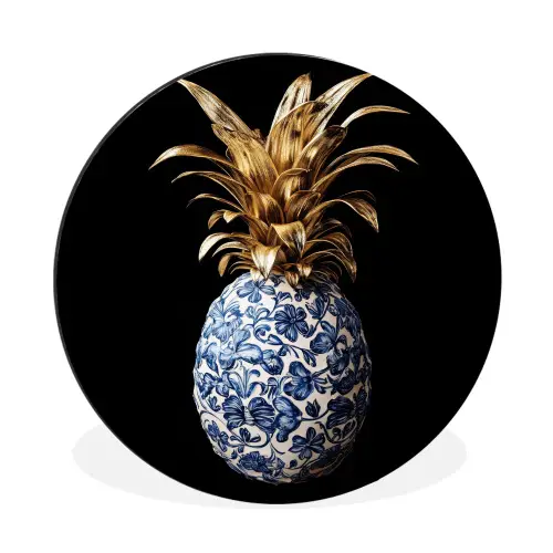 Ananas - Bloemen patroon - Goud - Delftsblauw Wandcirkel aluminium klein -3d