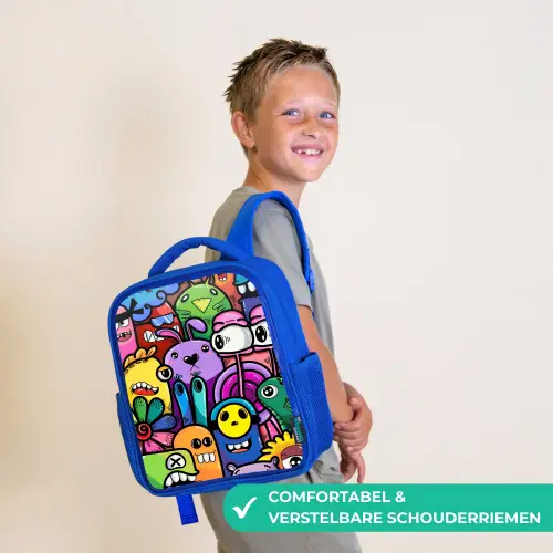 Grappige Monsterbende Kinderrugzak - Blauw middel -sfeer3_NL