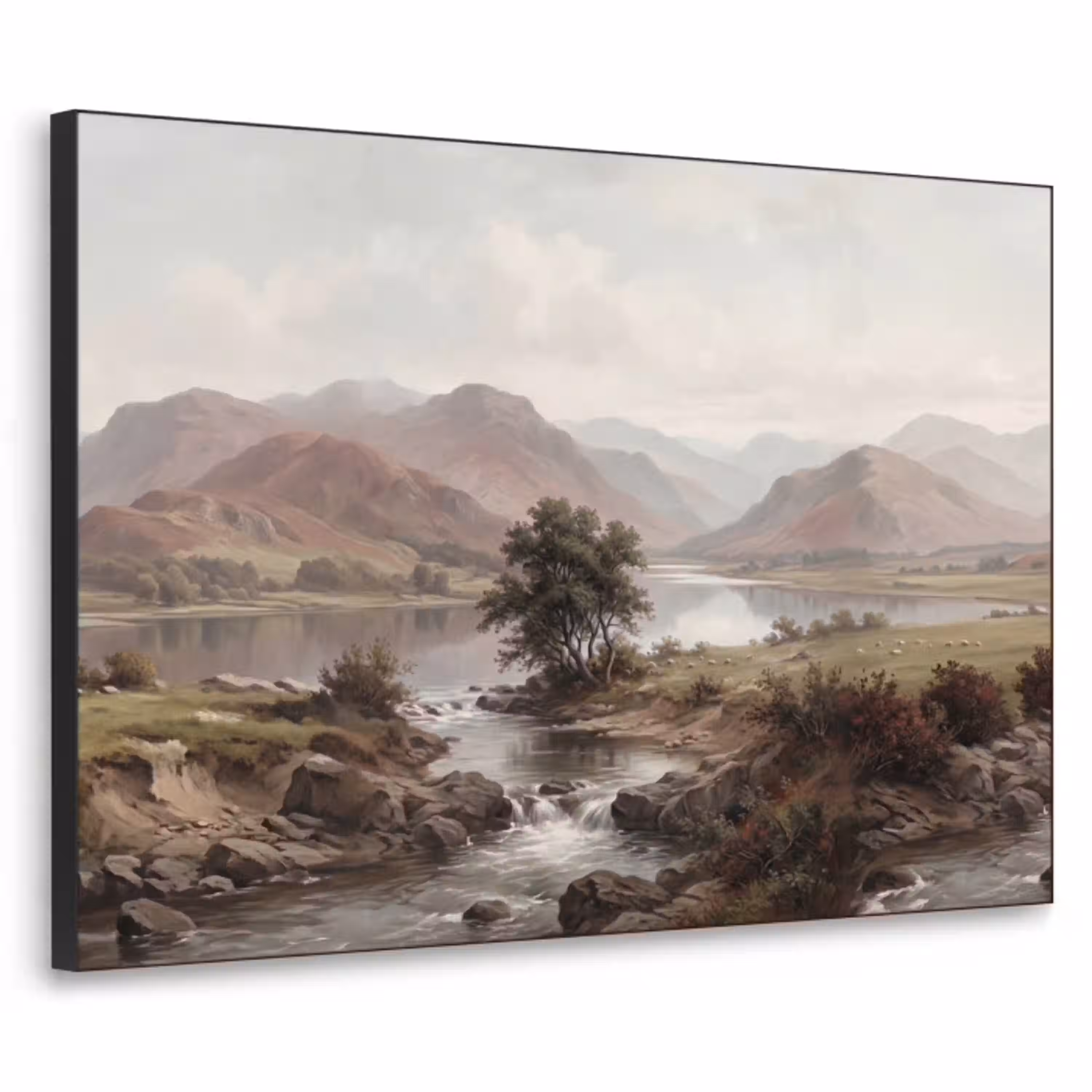 Berglandschap - Meer - Bergen - Vallei - Klassiek Textielframe zwart klein -3d