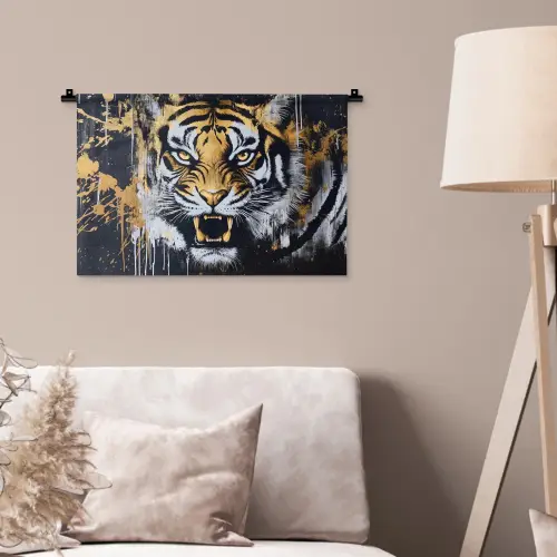 Tijger - Verfspatten - Goud Wandkleed katoen klein -sfeer4