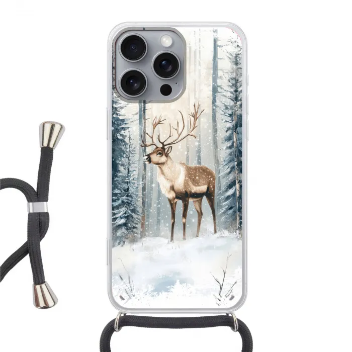 Rendier - Sneeuw - Woud - Wit Hoesje iPhone 16 Pro Max met koord klein -3d