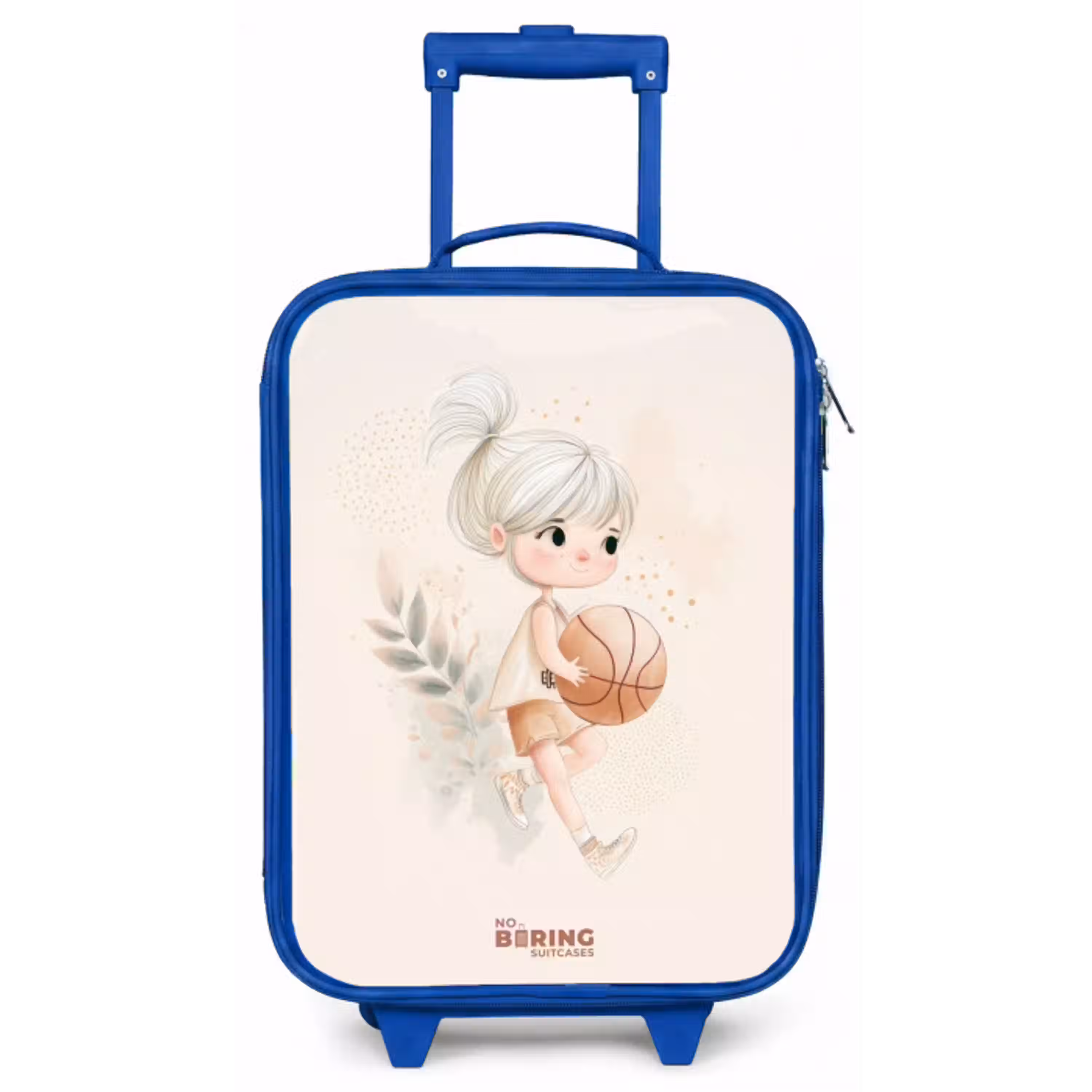 Meisje met een basketbal in neutrale kleuren. Kinderkoffer - Blauw klein -zz3dotto