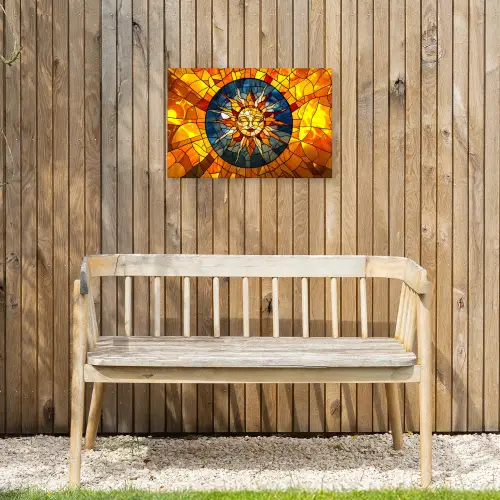 Mozaïek - Zon - Geel - Cirkel Tuinposter op houten frame 2 cm dik klein -sfeer4