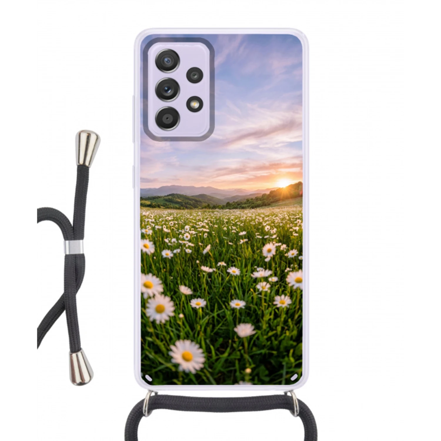 Madelief - Veld - Heuvels - Groen Hoesje Samsung Galaxy A52 5G met koord klein -3d