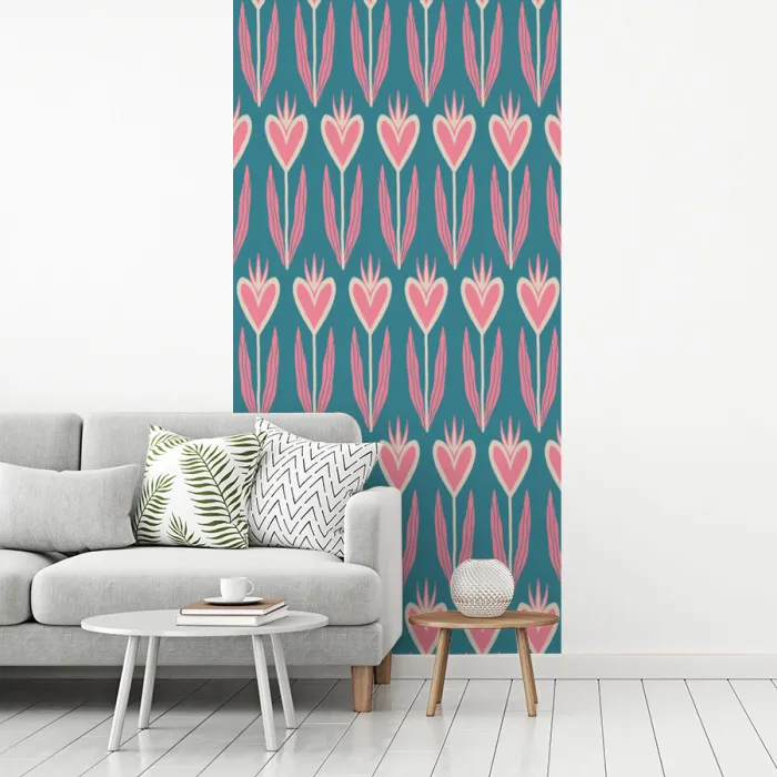 Blauw - Retro - Patroon - Hartjes fotobehang vinyl groot 64 -woonkamer