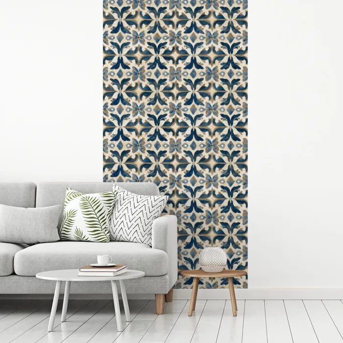 Tegel - Patroon - Blauw - Beige fotobehang vinyl groot 64 -woonkamer