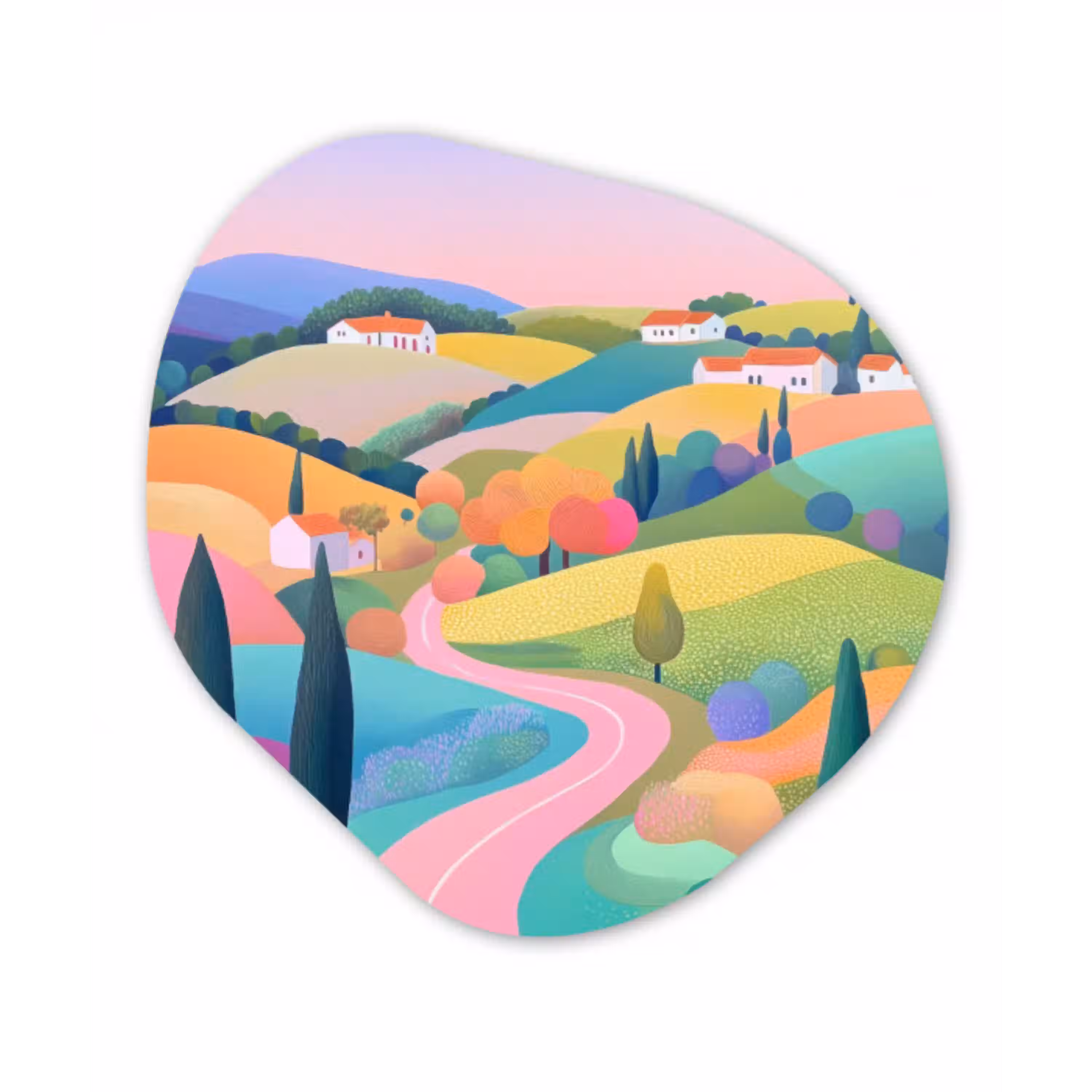 Landschap - Paars - Pastel - Huizen Wandcirkel Organisch Plexiglas middel -3d