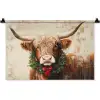 Kerst - Schotse Hooglander - Bruin - Krans Wandkleed katoen klein -zz3d