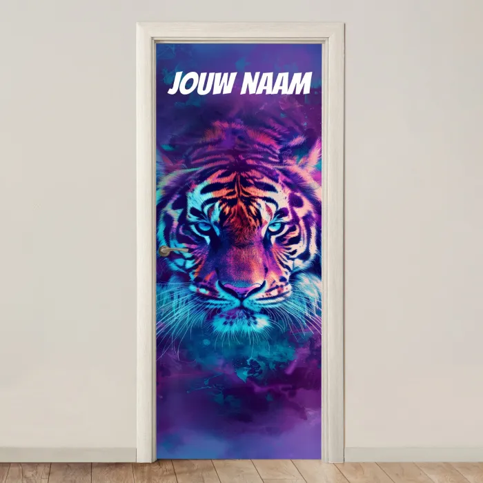 Neon tijgerkop met felle kleuren en de tekst “Deze kamer is van: jouw naam”. deurposter klein -3d_beige