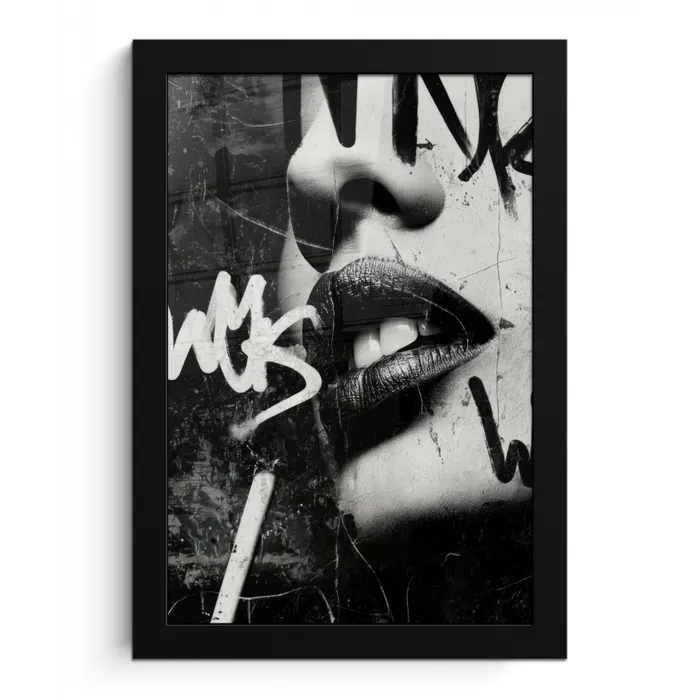 Gezicht - Mond - Graffiti - Zwart fotolijst zwart zonder passe partout klein -3d