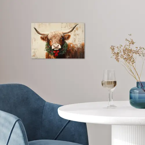 Kerst - Schotse Hooglander - Bruin - Krans poster papier klein -sfeer3