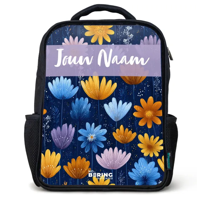 Rugzak kind met naam - Zwart - Bloemen - Patroon - Blauw