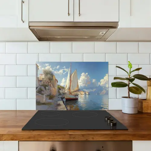 Zeilschip - Huizen - Kade - Zee keuken achterwand spatscherm klein -sfeer2