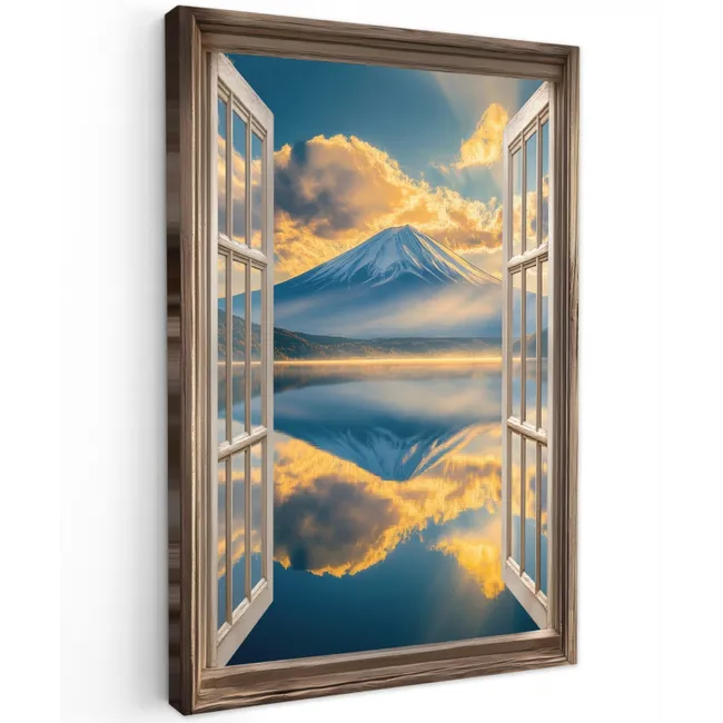 Doorkijk - Landschap - Bergen - Uitzicht - Raam Tuinposter op houten frame 2 cm dik klein -3d