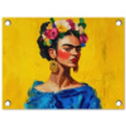 Frida Kahlo - Vrouw - Geel - Blauw - Bloemen tuinposter los doek klein -3d