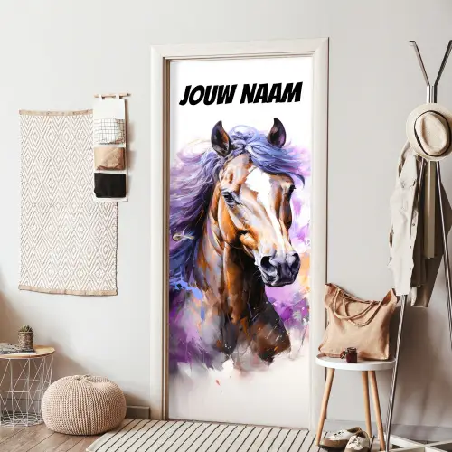 Paard met kleurrijke manen en naamtekst deurposter klein -sfeer6