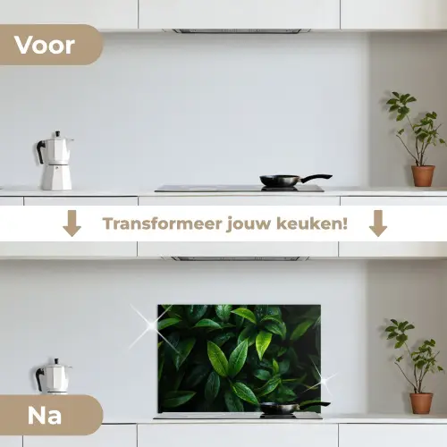 Bladeren - Regendruppels - Licht - Groen keuken achterwand spatscherm klein -voor_na_NL