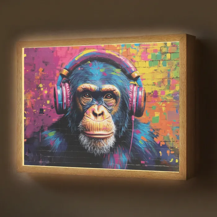 Graffiti - Chimpansee - Street art - Koptelefoon - Aap Light Box met batterij (Wandlamp) middel -z3d_website