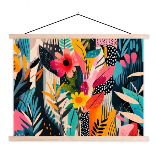 Schilderij - Abstract - Bloemen - Roze textielposter latten blank klein -3d
