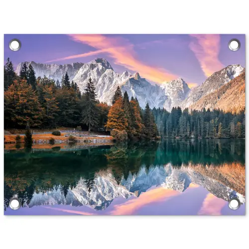 Bergen - Bos - Water - Lucht - Roze - Paars tuinposter los doek klein -3d