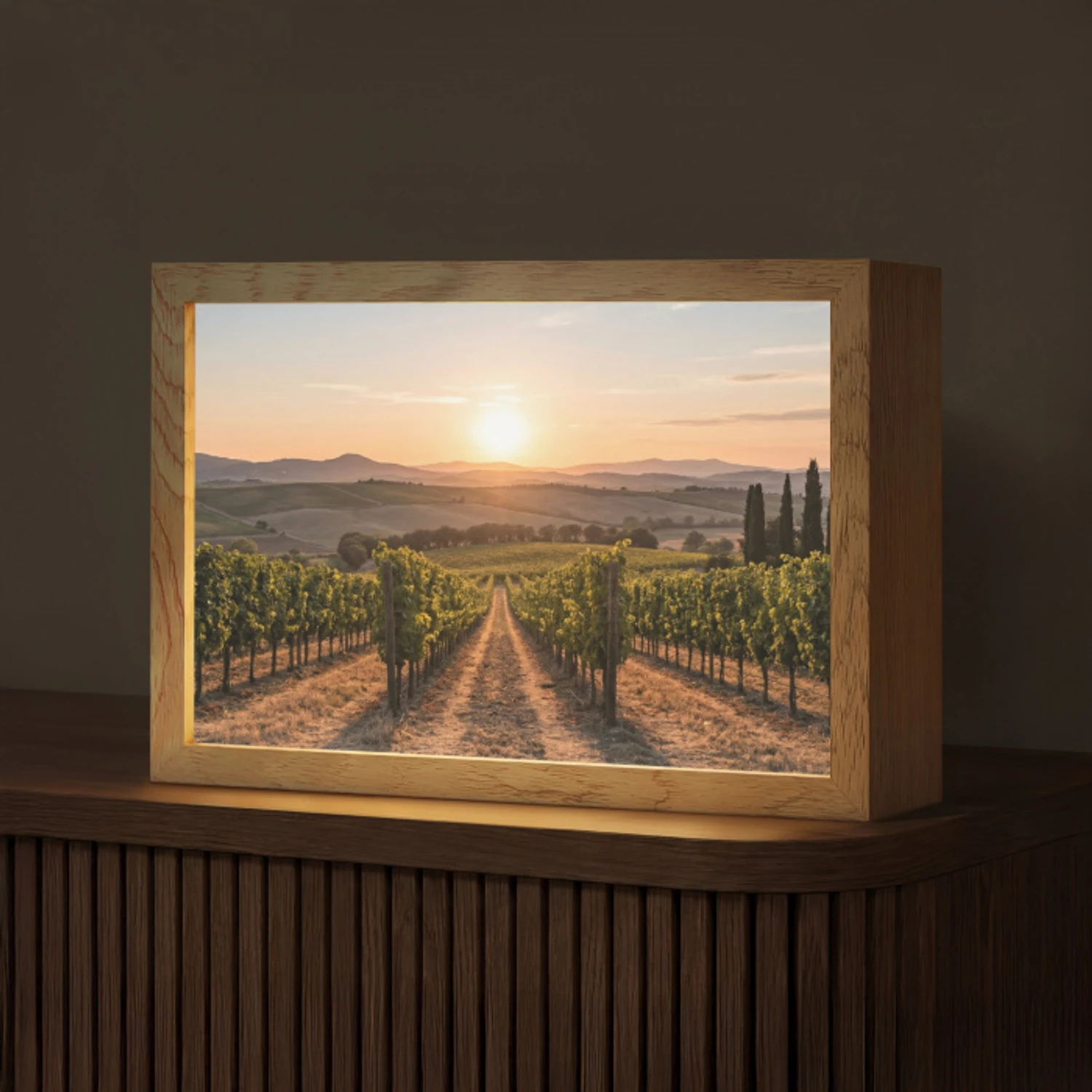 Wijngaard - Zonsondergang - Landschap Light Box met kabel (Tafellamp) klein -z3d_website