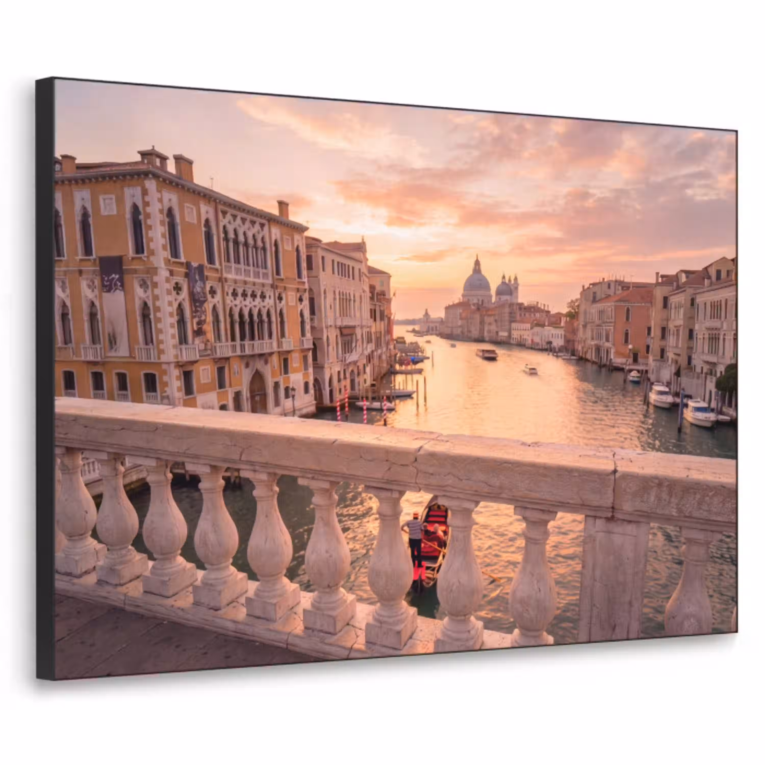 Stad - Venetië - Kanaal - Zonsopgang - Architectuur - Goud Textielframe zwart klein -3d