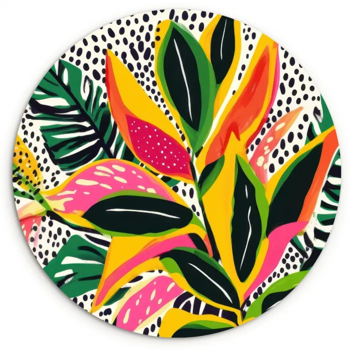 Tropisch - Bladeren - Zwart - wit Wandcirkel kunststof plaat 5mm dik klein -3d