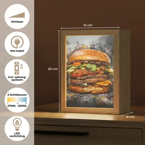 Burger - Eten - Kunst - Grijs - Graffiti Light Box met kabel (Tafellamp) klein -USP_NL