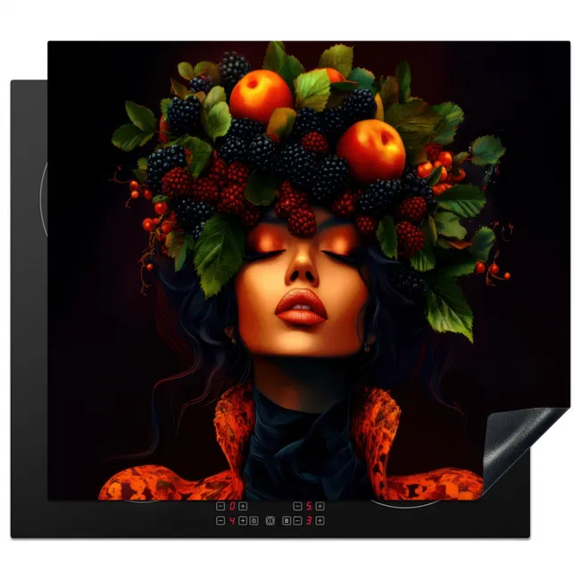 Vrouw - Zwart - Bessen - Bramen - Appels Inductie beschermer vinyl 3mm middel -3d