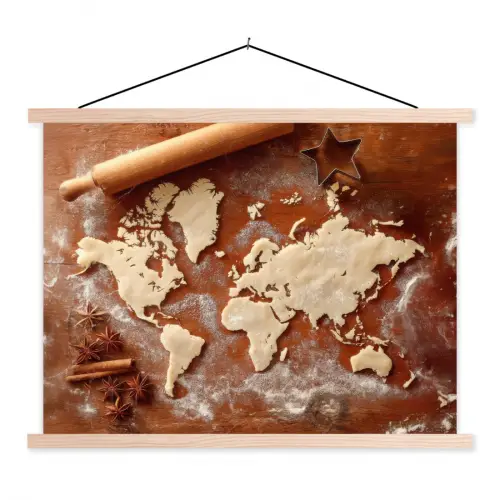 Wereldkaart - Koekjesdeeg - Warme baksfeer textielposter latten blank klein -3d