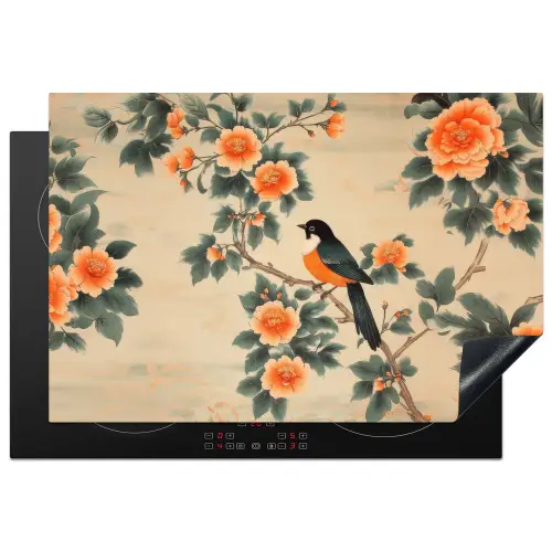 Vogel - Tak - Bloemen - Oranje Inductie beschermer vinyl 3mm klein -3d