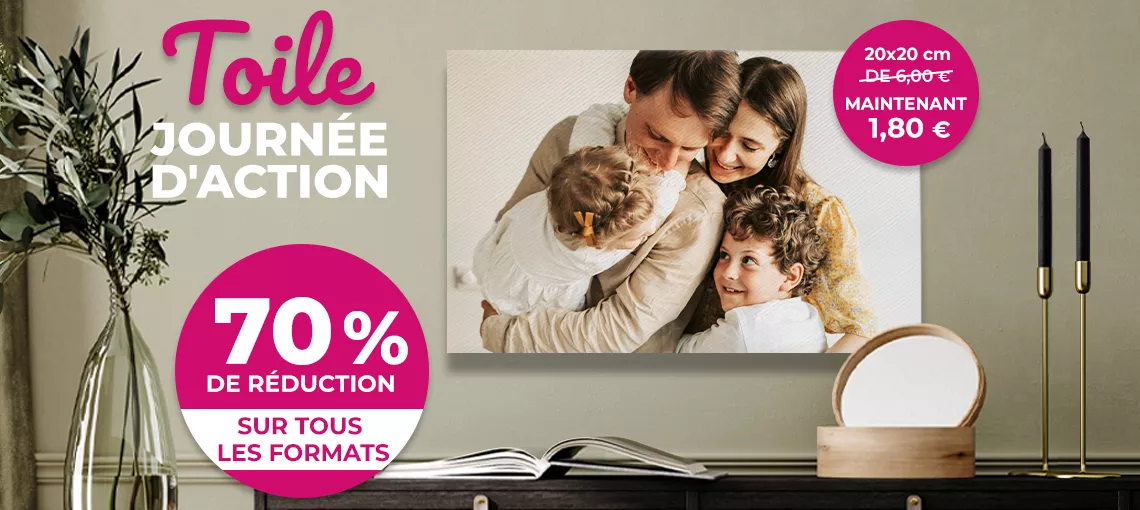 Toile journée d'action. 70 % de réduction sur tous les formats.