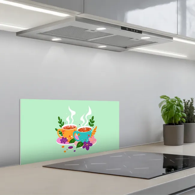 Thee - Illustratie - Kopjes - Bloemen keuken achterwand spatscherm klein -3d_schuin