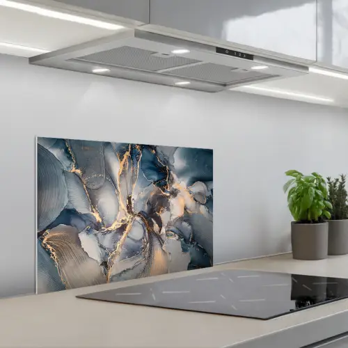 Marmer - Grijs - Blauw - Luxe - Goud keuken achterwand spatscherm klein -3d_schuin