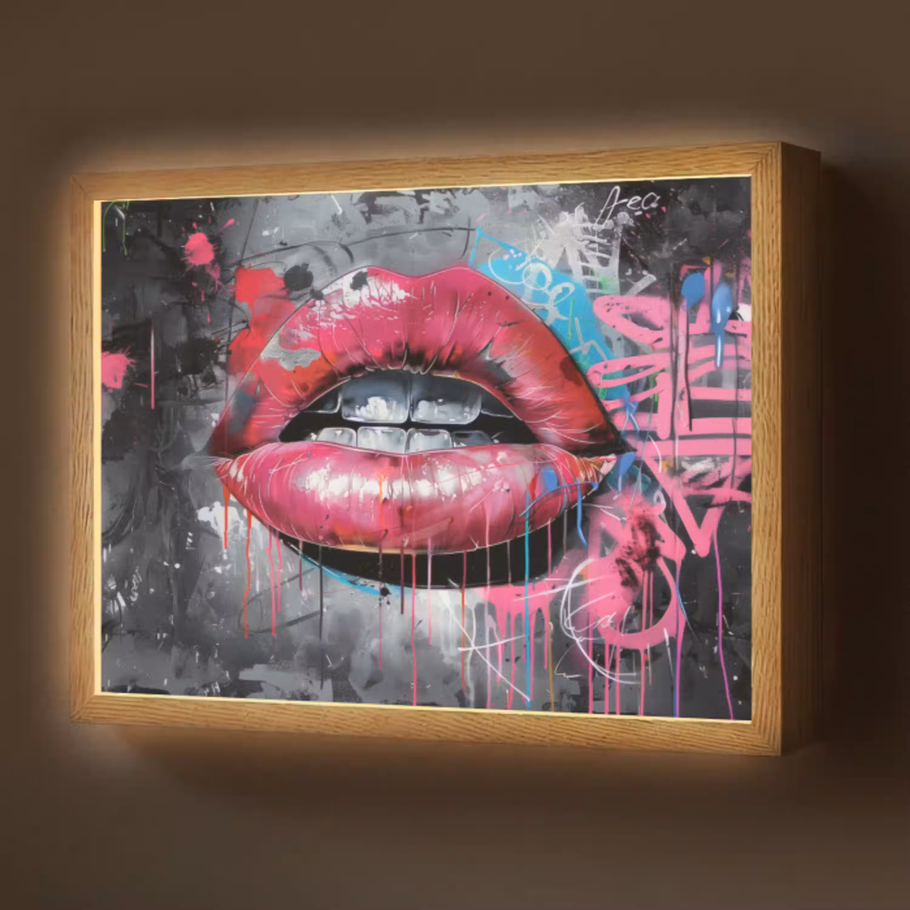 Lippen - Felroze - Graffiti - Verfstrepen Light Box met batterij (Wandlamp) middel -z3d_website
