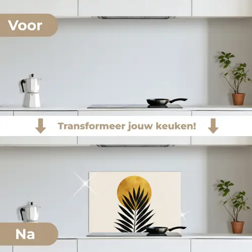 Zwart palmblad - Gouden cirkel - Beige achtergrond keuken achterwand spatscherm klein -voor_na_NL