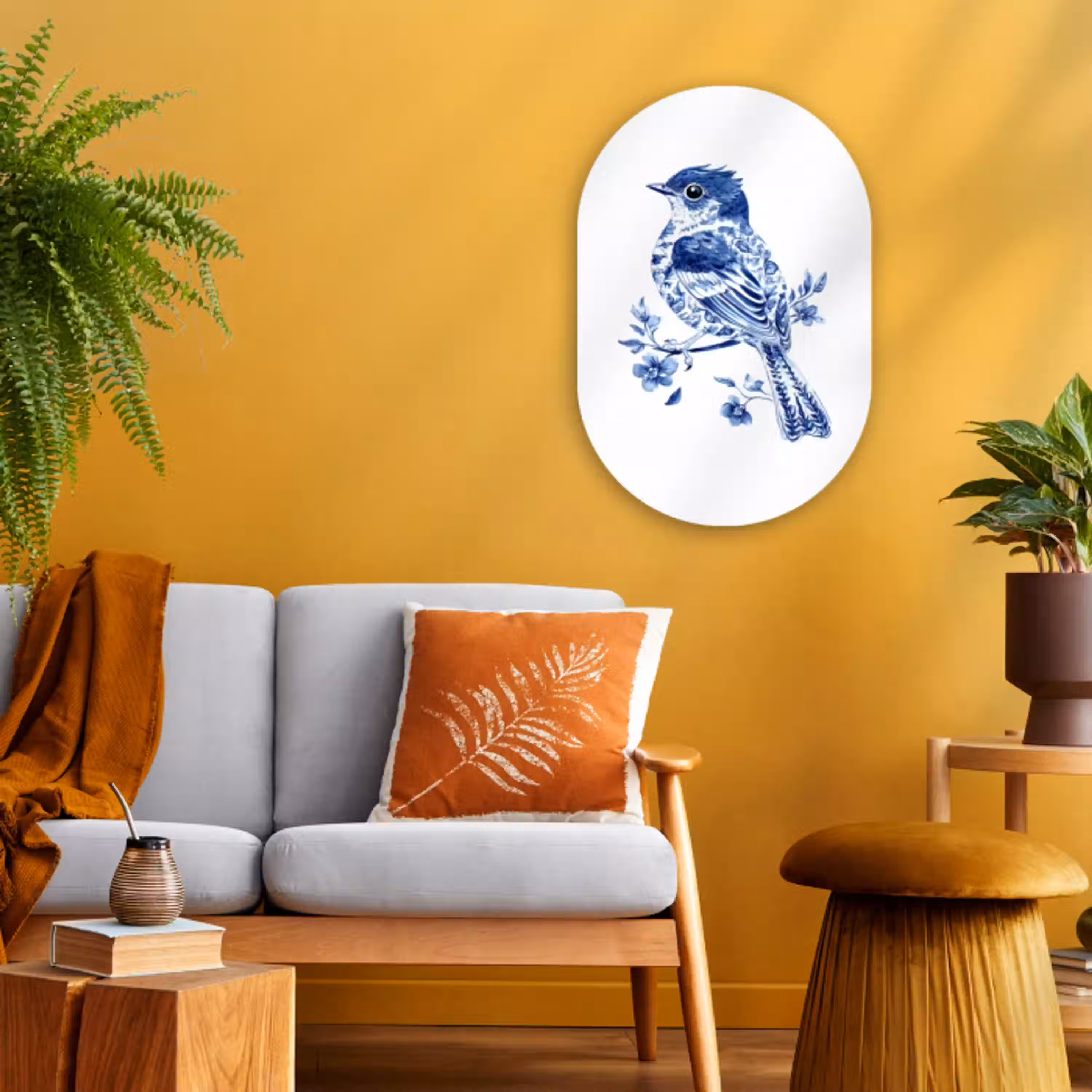 Vogel - Delfts blauw - Illustratie - Bloemen Wandcirkel Ovaal Forex klein -sfeer4