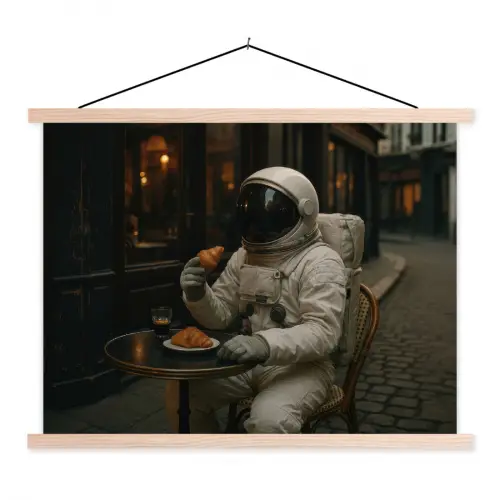 Café - Croissant - Koffie - Astronaut textielposter latten blank klein -3d