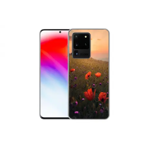 Bloemenveld - Gras - Bloemen - Planten - Zonsondergang - Oranje Telefoonhoesje Samsung Galaxy S20 Ultra klein -dubbelS20Ultra
