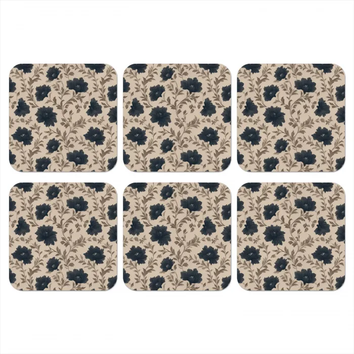 Motief - Bloemen - Zwart - Beige onderzetter kurk middel 366 -3d