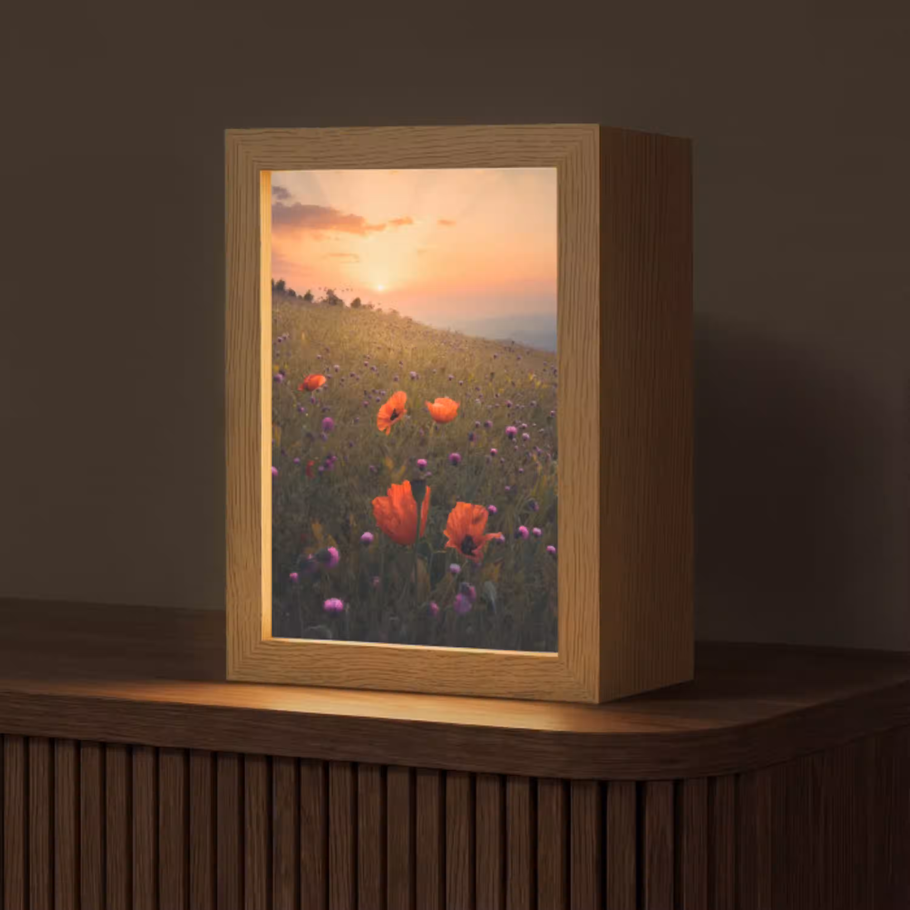 Bloemenveld - Gras - Bloemen - Planten - Zonsondergang - Oranje Light Box met kabel (Tafellamp) klein -z3d_website
