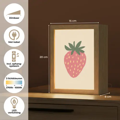 Aardbei - Minimalistisch - Rood - Fruit Light Box met kabel (Tafellamp) klein -USP_NL