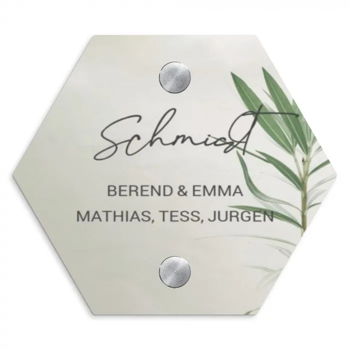 Lichtbeige met plant - Sierlijk Naambord Hexagon klein -3d