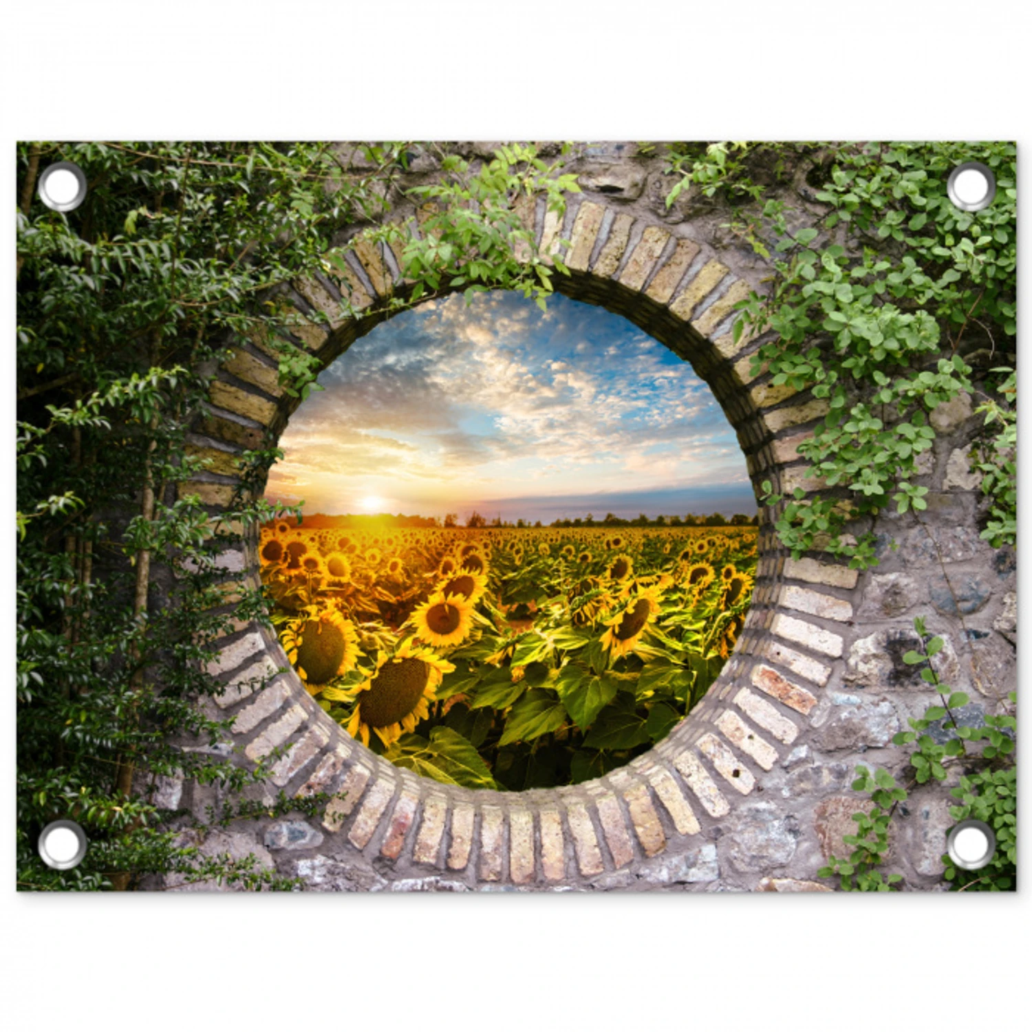 Ronde poort naar zonnebloemveld tuinposter los doek klein -3d