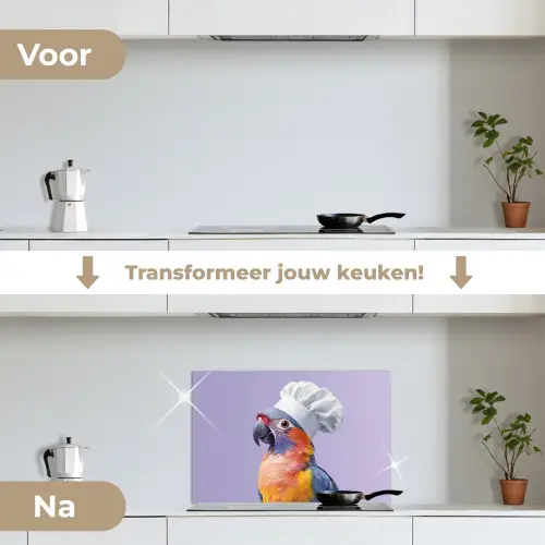 Papegaai - Koksmuts - Paars - Cute keuken achterwand spatscherm klein -voor_na_NL