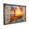 Doorkijk - Raam - Vuurtoren - Zonsondergang - Strand Tuinposter op houten frame 2 cm dik klein -3d