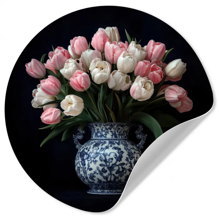 Bloemen - Roze - Tulpen - Vaas Wandcirkel behangsticker klein -3d